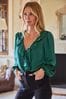 Friends Like These Emerald Green Satin Long Sleeve Ruffle Front V Neck Blouse