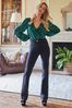 Friends Like These Emerald Green Satin Long Sleeve Ruffle Front V Neck Blouse