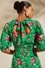 V&A | Love & Roses Green Floral Printed Empire Puff Sleeve Split Midi Dress