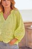 Friends Like These Green 100% Cotton Broderie Tie Neck Puff Sleeve Top