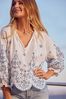 Friends Like These White 100% Cotton Broderie Tie Neck Puff Sleeve Top