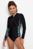 Pour Moi Black Tropical Energy Long Sleeved Zip Front Paddle Swimsuit
