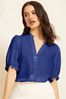Friends Like These Blue Short Puff Sleeve V Neck Button Through Blouse