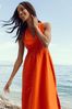 Threadbare Orange Linen Blend Ruched Waist Midi Dress