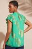 Love & Roses Green Jacquard Ruffle High Neck Shirred Front Short Sleeve Shell Top
