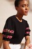 Love & Roses Black Floral Embroidered Round Neck Ruffle Sleeve T-Shirt