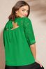 Love & Roses Green Short Sleeve Lace Trim Bow Back Blouse