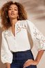 Business 2 Business White Linen Cutwork Broderie V Neck Button Up 3/4 Sleeve Blouse