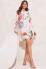 Lipsy Cream Printed Long Sleeve Round Neck Belted Shift Summer Tuned Dress