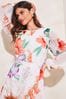 Lipsy Cream Printed Long Sleeve Round Neck Belted Shift Summer Tuned Dress