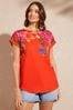 Love & Roses Red Floral Roll Sleeve Round Neck T-Shirt