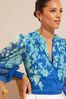 V&A | Love & Roses Blue and Green Floral Petite Printed Puff Sleeve V Neck Long Sleeve Button Up Blouse