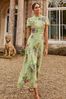 Love & Roses Green Petite Metallic Printed High Neck Flutter Sleeve Midi Dress