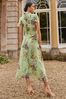 Love & Roses Green Petite Metallic Printed High Neck Flutter Sleeve Midi Dress