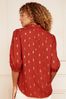 All Womens Sportswear Red Foil Ruffle V Neck 3/4 Sleeve Button Up Blouse
