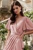 Lipsy Pink Petite Flutter Sleeve Wrap Front Bridesmaid Maxi Dress