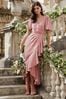 Lipsy Pink Petite Flutter Sleeve Wrap Front Bridesmaid Maxi Dress