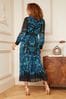 V&A | Love & Roses Black and Blue Print Ruffle Neck Pleated Long Sleeve Midi Dress