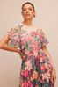 V&A | Love & Roses Pink Floral Petite Placement Printed Tulip Sleeve Belted Pleated Midi High-Rise Dress