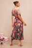 V&A | Love & Roses Pink Floral Petite Placement Printed Tulip Sleeve Belted Pleated Midi High-Rise Dress
