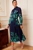 V&A | Love & Roses Navy Blue and Green Floral Print Ruffle Neck Pleated Long Sleeve Midi Dress