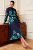 V&A | Love & Roses Navy Blue and Green Floral Print Ruffle Neck Pleated Long Sleeve Midi Dress