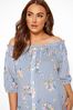 Yours Blue Curve Floral Stripe Embroidered Bardot Top