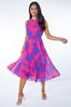 Roman Pink & Purple Petite Linear Floral Print Pleated Dress