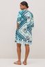 Blue Scarf Print Kaftan Halbhohe Dress With Linen