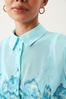 Blue Floral Placement Print Long Sleeve Sheer Shirt