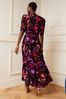 V&A | Love & Roses Black Floral Printed Ruched Sleeve V Neck Midi Dress