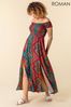 Roman Multi Print Shirred Bardot Maxi Dress
