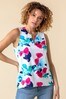 Roman White Abstract Floral Print Notch Neck Top