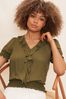 Friends Like These Khaki Green Ruffle V Neck Front Puff Sleeve Blouse