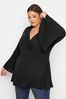 Yours Curve Black Wrap Jersey Rib Flare Sleeve Top