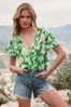 Friends Like These Green V Neck Ruffle Front Puff Sleeve Blouse