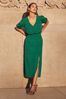 Friends Like These Green Puff Sleeve Ruched Waist V Neck Midi Summer Dress