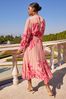 V&A | Love & Roses Pink Floral Print Ruffle Neck Pleated Long Sleeve Midi HUDSON Dress