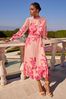 V&A | Love & Roses Pink Floral Print Ruffle Neck Pleated Long Sleeve Midi Sara Dress