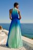 Love & Roses Blue Ombre Printed Halter Pleated Belted Maxi Dress