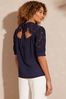 Love & Roses Navy Short Sleeve Lace Trim Bow Back Blouse