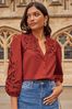 Love & Roses Red Linen Cutwork Broderie V Neck Button Up 3/4 Sleeve Blouse