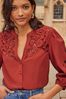 Love & Roses Red Linen Cutwork Broderie V Neck Button Up 3/4 Sleeve Blouse