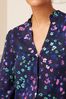 Love & Roses Navy Blue Blue Animal Ruffle V Neck 3/4 Sleeve Button Up Blouse