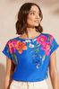 Love & Roses Cobalt Floral Petite Roll Sleeve Round Neck T-Shirt