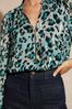 Short Sleeved Sets Blue Metallic Animal Zip Front Mix Sheer Long Sleeve Blouse