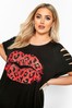 Yours Black Lips Print Laser Cut Sleeve Top