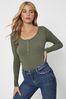 Pieces Green Ribbed Round Neck Button Detail Top