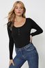 Pieces Black Ribbed Round Neck Button Detail Top