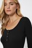 Pieces Black Ribbed Round Neck Button Detail Top